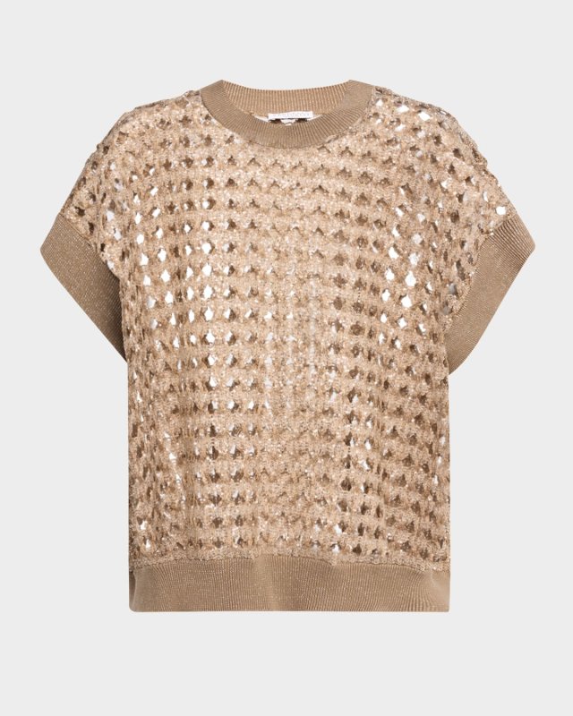 Short-Sleeve Paillette Cotton-Jute Open Knit Sweater